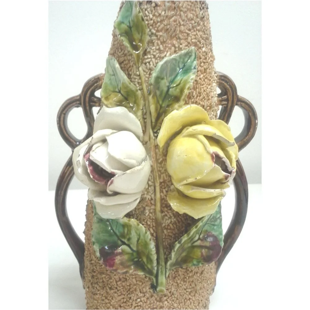 Vintage English Majolica Style Vase Ceramic Yellow White Rose Brown Sandstone - Picture 3 of 4